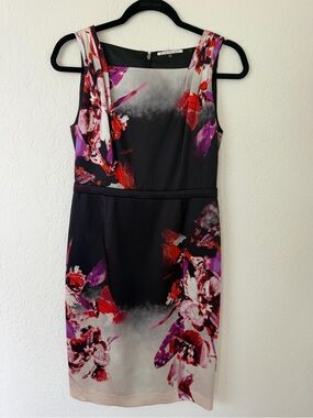 Elie Tahari Black Sheath Dress with Red and Purple Floral Print